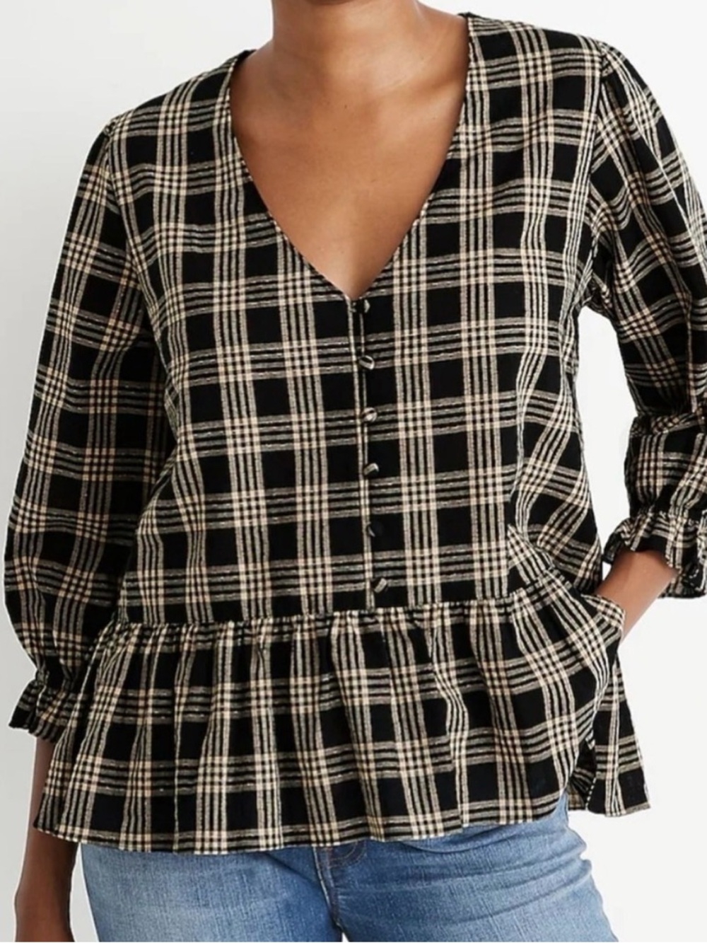 Madewell Black and Cream Plaid Button-Front Peplum Top